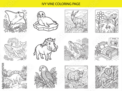Twelve unique vector line art coloring pages for kids featuring wild animals sea life and interior scenes for artistic engagement