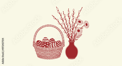 Red line art of Easter basket with ornate eggs and willow catkins in a vase, spring season concept.