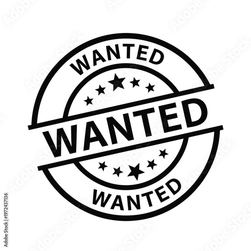 A black and white circular wanted poster graphic features the word wanted repeated prominently with stars