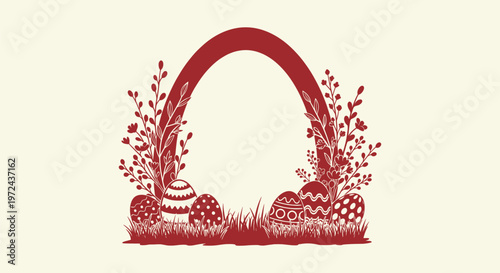 Minimalist Burgundy Easter Egg Frame with Floral Branches and Patterned Eggs in Grass Background