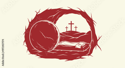 Christian Resurrection Scene with Rolled Stone Empty Tomb and Three Crosses on Calvary Hill Vector