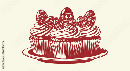 Delicious Easter Cupcakes Decorated with Ornate Eggs on a Ceramic Plate Vector Graphic Illustration