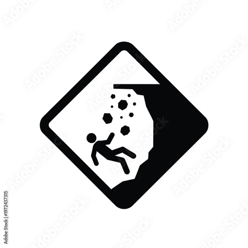 A black and white warning sign depicts a person running from falling rocks and debris above high quality professional