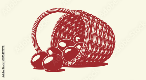 Retro Linocut Style Graphic of an Overturned Wicker Basket Filled with Spilled Eggs in Dark Red