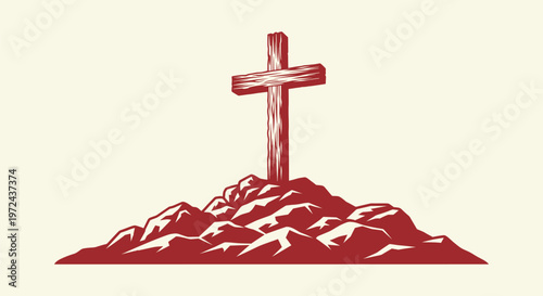 Hand Drawn Religious Wooden Cross on Rocky Mountain Peak Symbol of Christian Faith and Sacrifice.