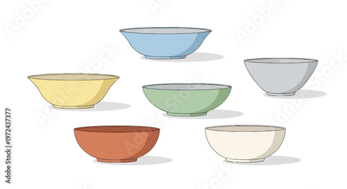Set of Colorful Minimalist Ceramic Bowls Isolated on White Background