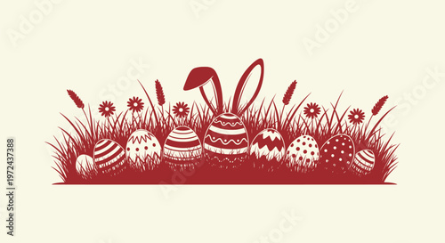 Easter eggs and bunny ears hidden in tall grass silhouette vector illustration banner background