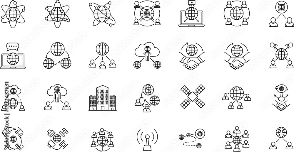 Obraz premium Global artificial intelligence and digital network line icon set featuring cloud computing, neural connections, satellites, data exchange and worldwide technology systems