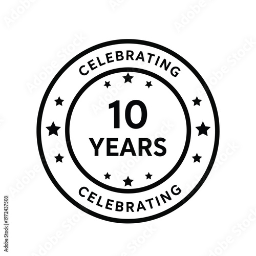 A circular black and white badge announces a celebration of ten years with stars and text high quality professional
