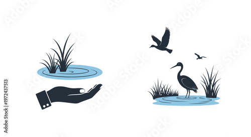 Hand protecting wetland habitat with birds and reeds, conservation concept