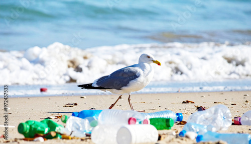 Seagull walking on a beach, trash left behind. AI