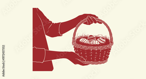 Person hands holding wicker basket with decorated Easter eggs silhouette vector illustration art