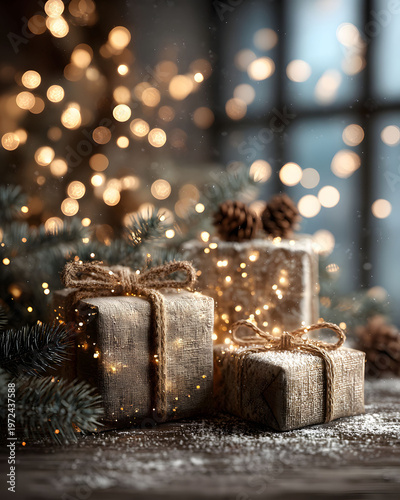 Rustic Christmas Gifts with Bokeh Lights and Pine Cones for Festive Decor and Design