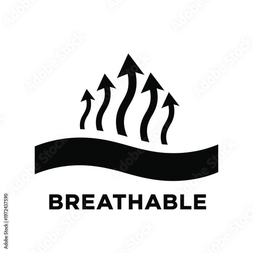 A black and white icon depicts breathability with upward arrows emerging from a wavy line labeled breathable high quality