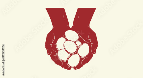 Stylized maroon hands cupped together protecting several organic eggs, symbolic of care and growth.