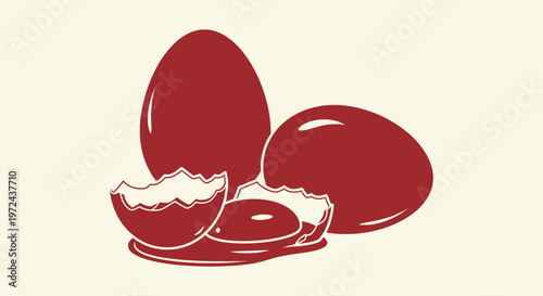 Minimalist vector illustration of brown whole eggs and a cracked egg with shell and yolk on cream.