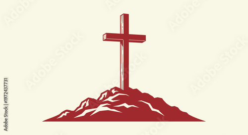 Stylized red wooden cross on a hill Calvary mountain silhouette for Christian religious background.