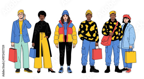 Diverse group of stylish individuals, each holding shopping bags, showcase modern fashion trends and urban lifestyle