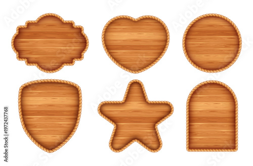 Wooden signs edged with rope. Set of wooden planks various shape. Labels with wooden texture. Vector illustration