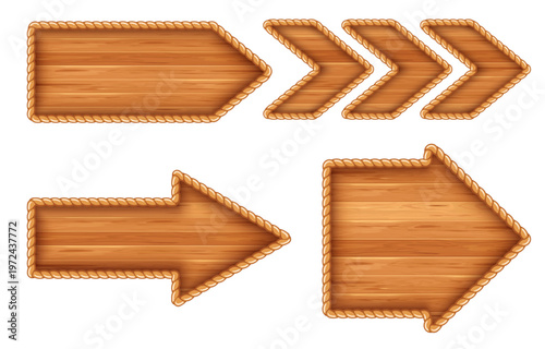 Wooden arrows edged with rope. Set of wooden planks arrow shape. Direction signs. Pointers with wooden texture. Vector illustration