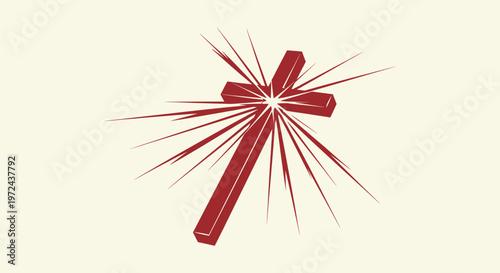 Stylized Red 3D Christian Cross Symbol with Radiant Light Beams for Religious Spiritual Projects