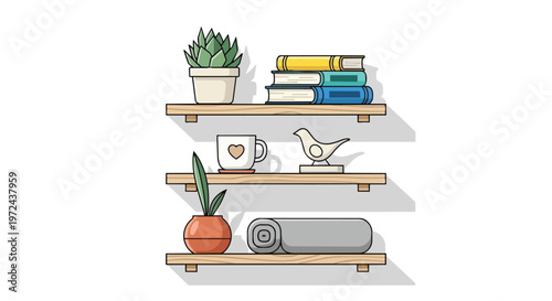 Minimalist Wooden Wall Shelves with Potted Plants and Books Illustration