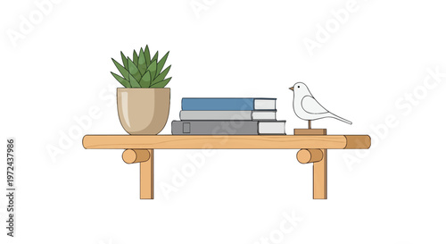Minimalist Wooden Wall Shelf with Potted Plant Books and Bird Figurine