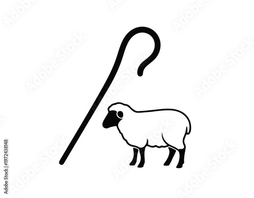 Minimalist Icon of a Shepherd’s Crook Staff and a Small White Sheep