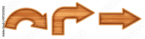 Wooden arrows edged with rope. Set of wooden circular arrow shape. Turn direction signs. Pointers with wooden texture. Vector illustration