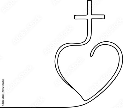 Continuous Single Line Drawing of a Heart Merging into a Christian Cross