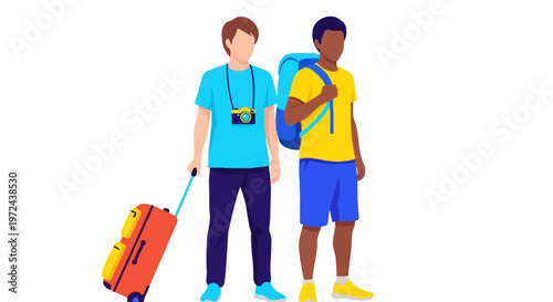 Two diverse travelers with luggage and cameras, ready for an adventure abroad