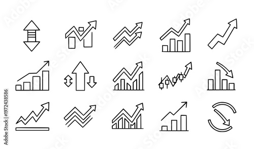 Modern increase decrease stroke icon set growth and decline stock market trend outline vector illustration