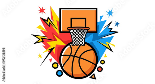 Energetic Basketball Hoop with Dynamic Bursting Lines and Colorful Spheres, Illustrating the Excitement of the Game