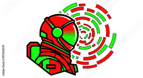 Futuristic astronaut helmet with digital data waves, red and green colors