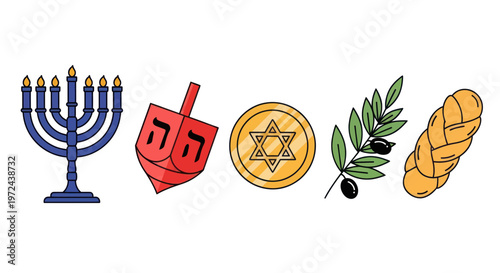 Hanukkah Symbols: Menorah, Dreidel, Gelt Coin, Olive Branch, Challah Bread