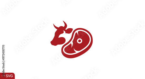 Red cow head silhouette merged with steak, symbolizing meat production and food industry.