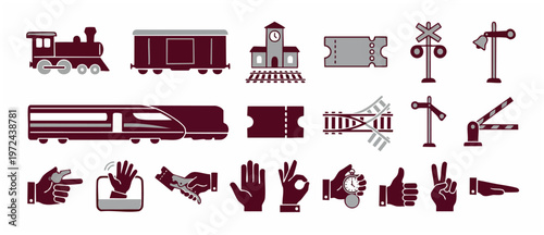 Train Station Elements Icons Set Vector Illustration, Collection of railroad transportation associated images. Isolated railway symbols for infographic on white background vector design.