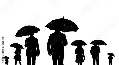 Silhouettes of people with umbrellas in the rain, diverse group, concept of protection