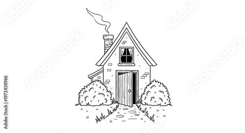 Small house with smoke rising.