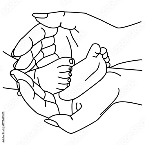 A line drawing of a babys legs in the mothers hands