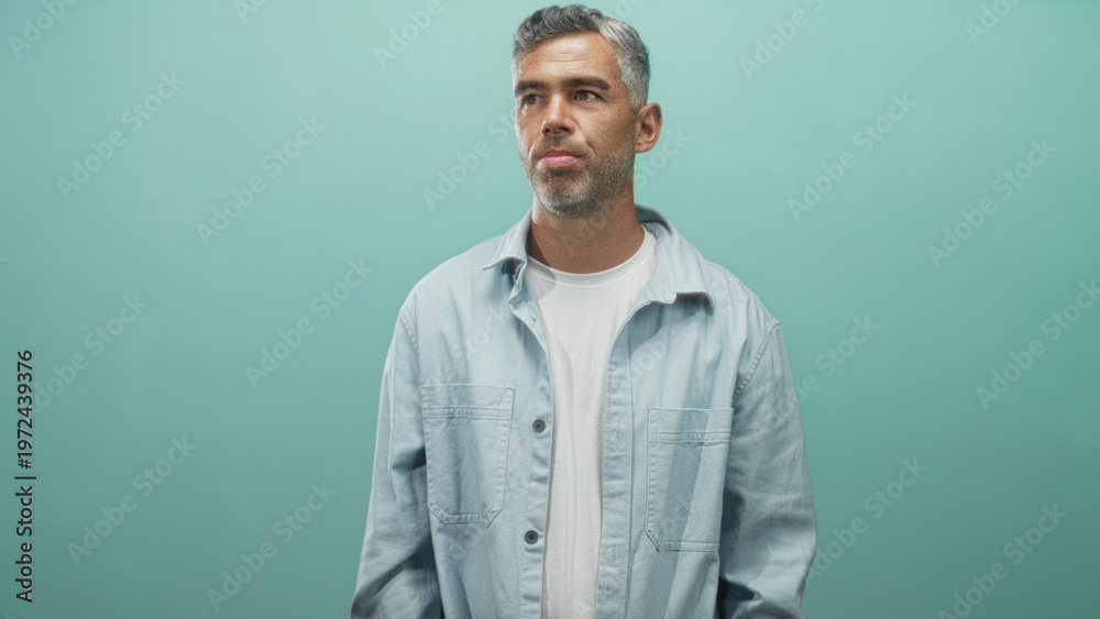 Fototapeta premium Man with grey hair and face visible, eyes closed and lips pursed while looking sideways in a studio teal backdrop; calm contemplation.