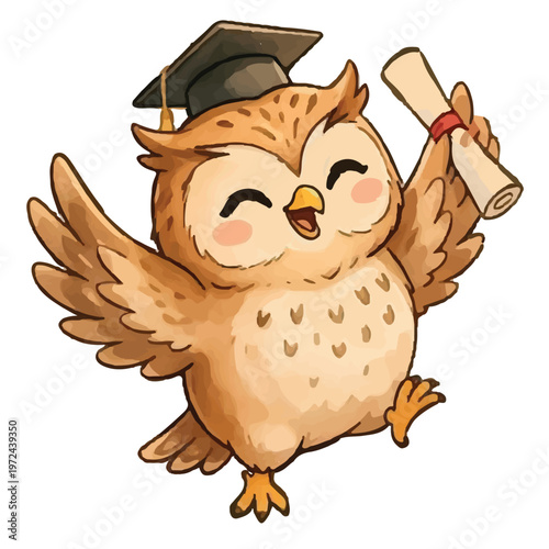 Cute wise brown owl character reading a book in a cartoon illustration style