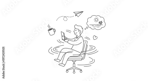 Male Employee Bored At Office Desk Spinning On Chair Thinking Of Summer Holiday Vector Illustration