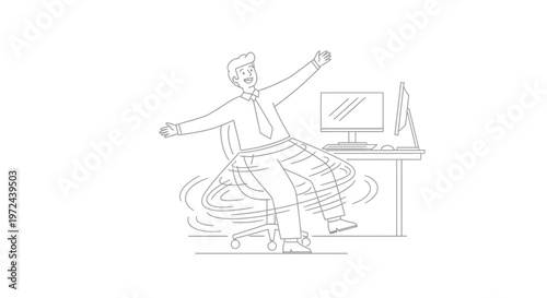 Office Worker Having Fun Spinning on Swivel Chair at Workspace Vector Illustration Design