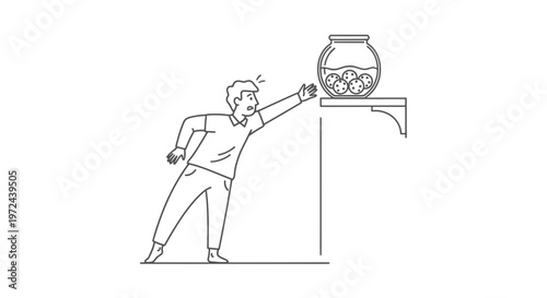 Minimalist vector illustration of a hungry man reaching for cookies in a jar on a high shelf