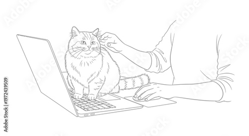 Cute cat sitting on laptop keyboard while owner works remotely line art vector illustration