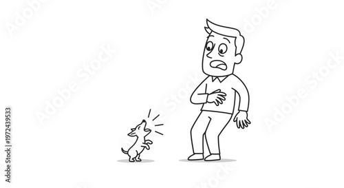 Surprised Man Scared by Tiny Barking Puppy Line Art Cartoon Illustration Vector Design Element