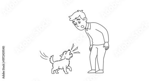 Man Getting Surprised by Small Barking Dog Line Art Illustration Vector Design Element