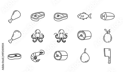 Bild auf Leinwand Meat and seafood stroke icon set editable outline food collection chicken fish b