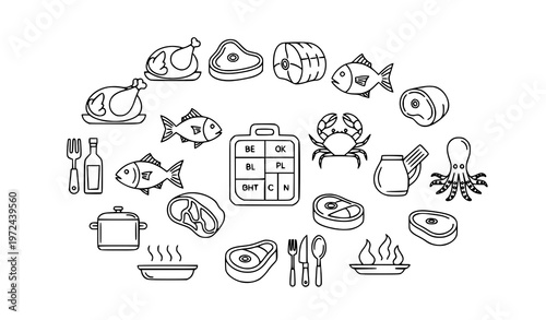 Outline meat and seafood icon set food stroke line collection chicken beef fish and octopus vector